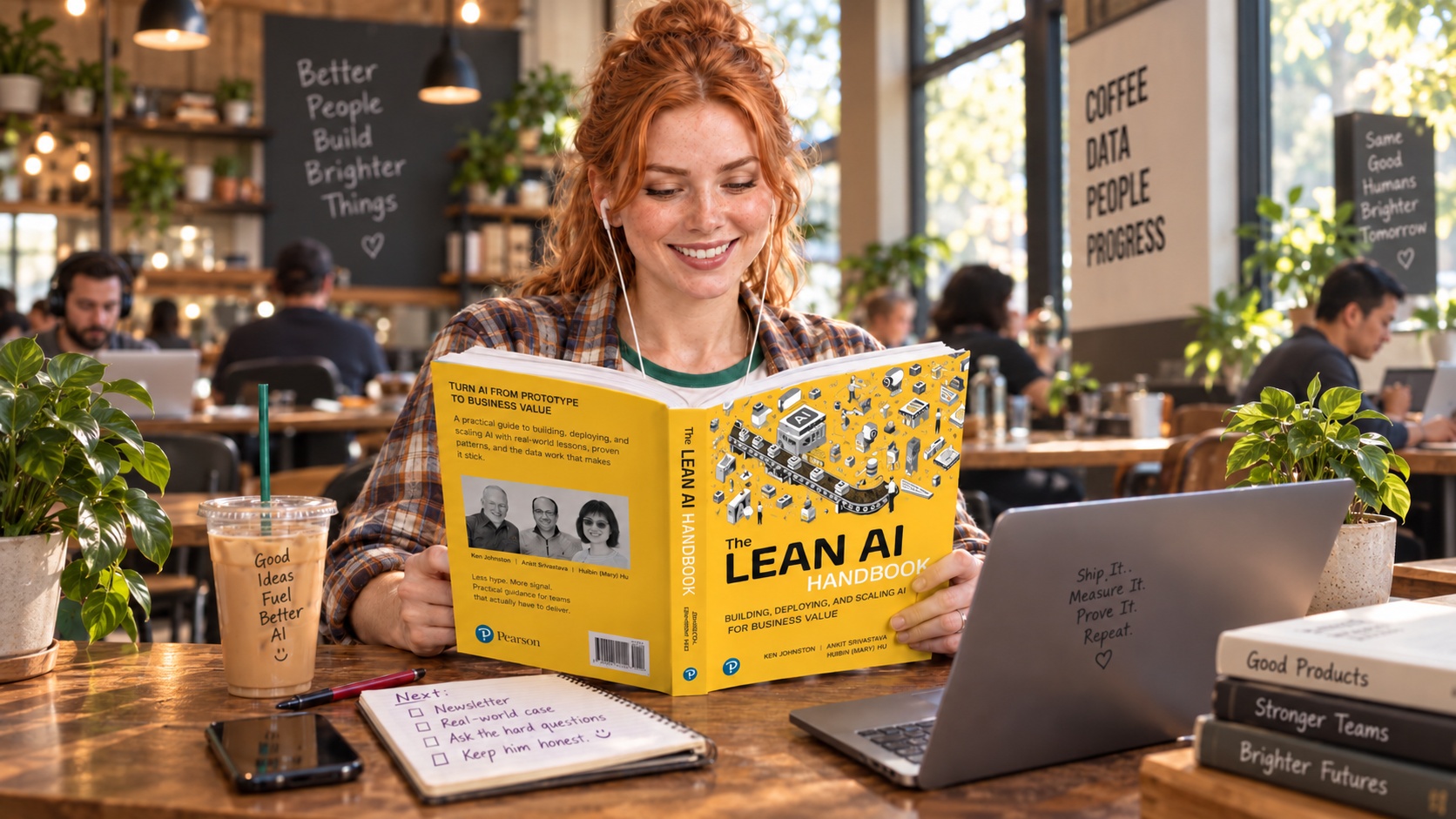 Illustrative concept image for Zoey Quinn reading The Lean AI Handbook in a warm cafe setting
